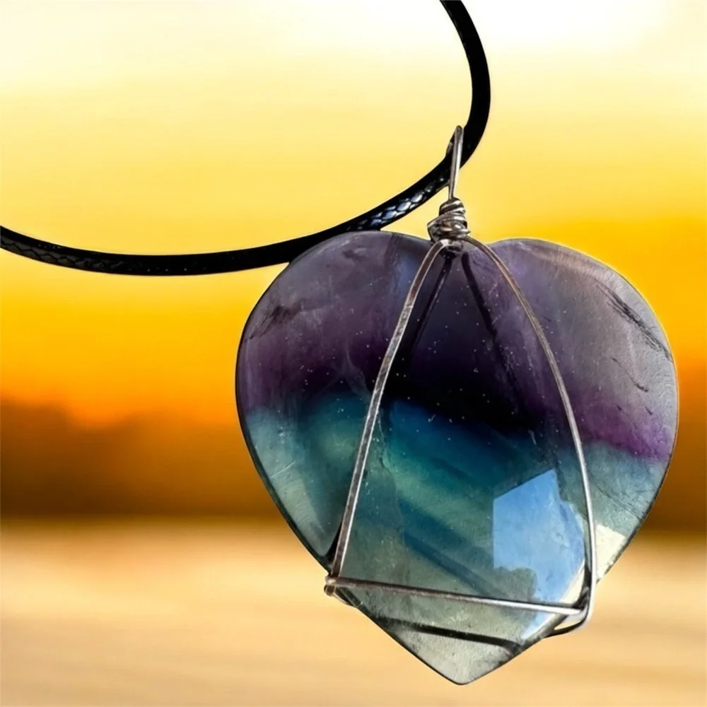 Artisan Handcrafted RAINBOW Fluorite Heart Pendant Necklace Tanzanite 5518 G